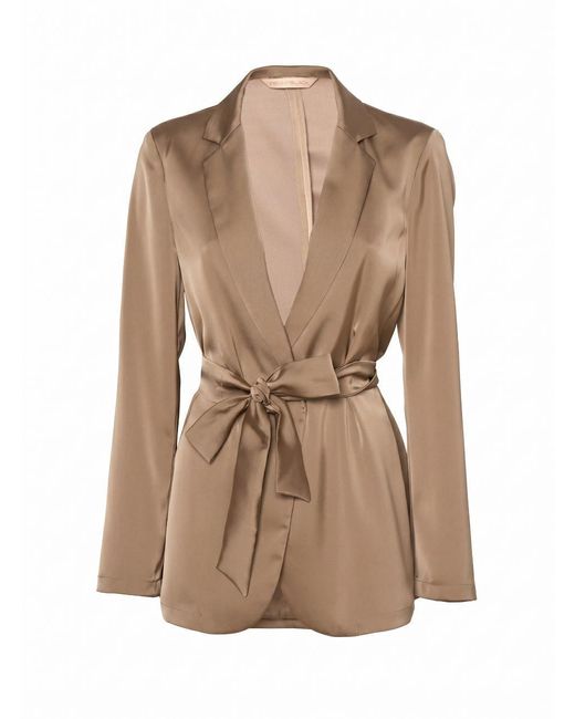 Pennyblack Natural Sand-Colored Satin Blazer With Shawl Lapel And Belt Tied