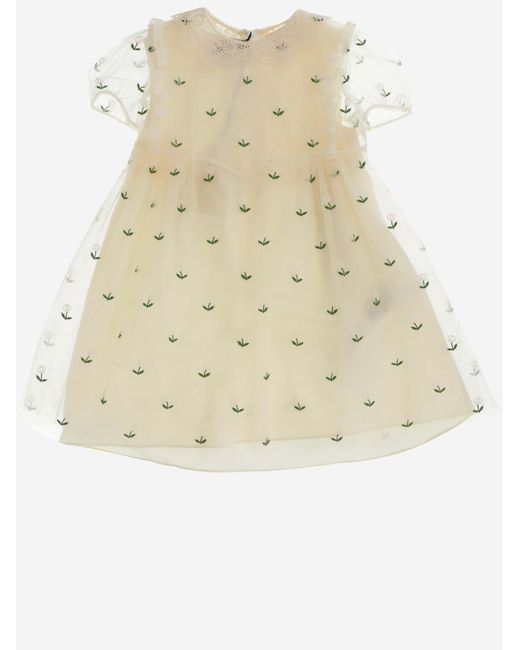 Gucci Natural Dress Tulle With Flower Embroidery Cotton