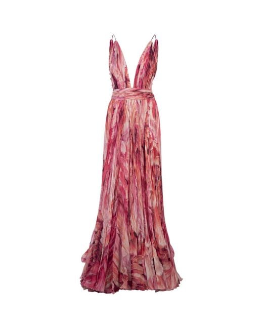 Roberto Cavalli Red Long Silk Dress With Plumage Print