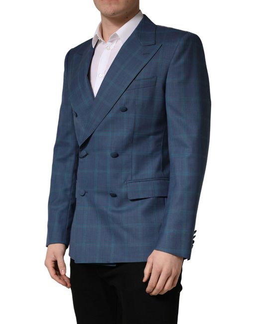 Dolce & Gabbana Blue Checked Double Breasted Suit Jacket Virgin Wool for men