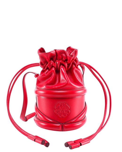 Alexander McQueen Red Logo Detailed Drawstring Bucket Bag