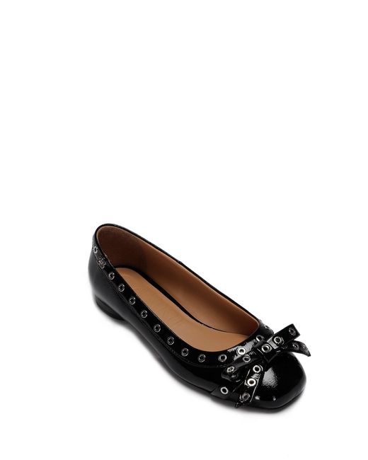 Ganni Eyelets Bow Ballerina Naplack in Black | Lyst