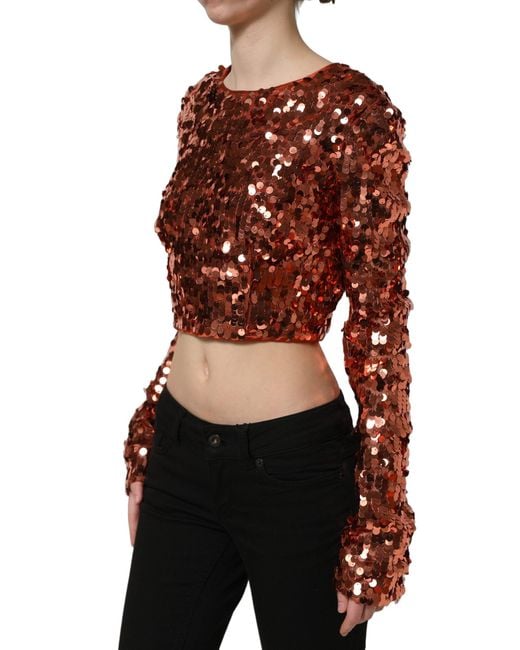 Dolce & Gabbana Black Sequined Long Sleeves Crop Blouse Top Nylon