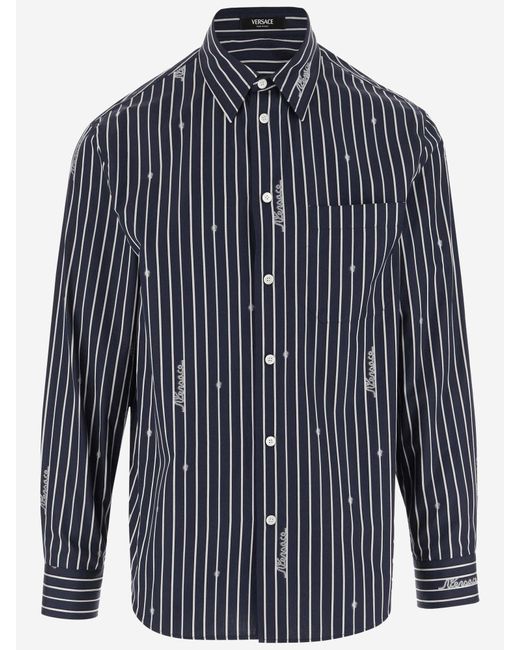 Versace Blue Nautical Stripe Pattern Cotton Shirt for men