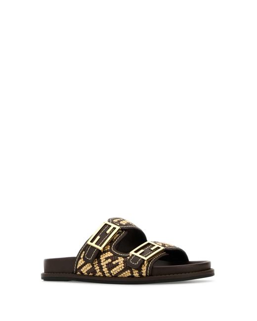 Fendi Embroidered Raffia Feel Slippers in Black | Lyst