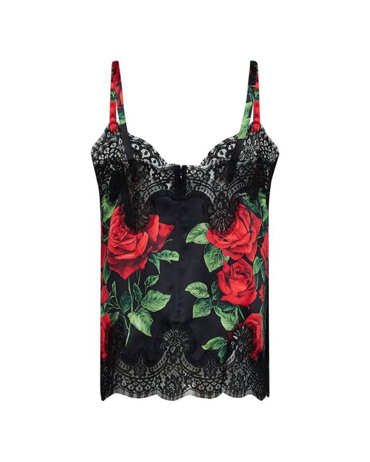 Dolce & Gabbana Red Rose-Print Silk Satin Top With Lace