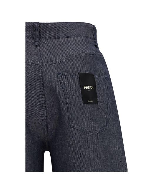 Fendi Blue Linen Relaxed Fit Jeans for men