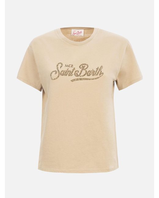 Mc2 Saint Barth Natural Emilie Cotton T-Shirt With Rhinestone Embroidery