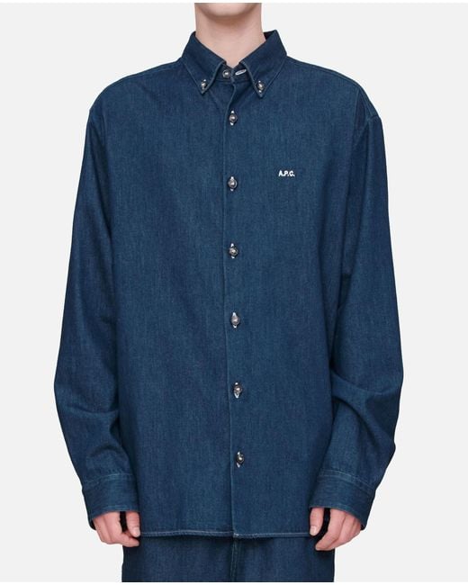 A.P.C. Blue Button-Down Denim Shirt With Logo Detail for men