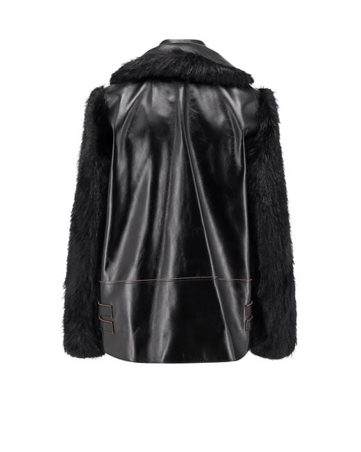 Sacai Black Leather Jacket With Synthetic Fur Inserts