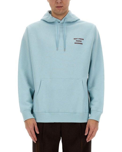 Drole de Monsieur Blue Slogan Printed Drawstring Hoodie for men