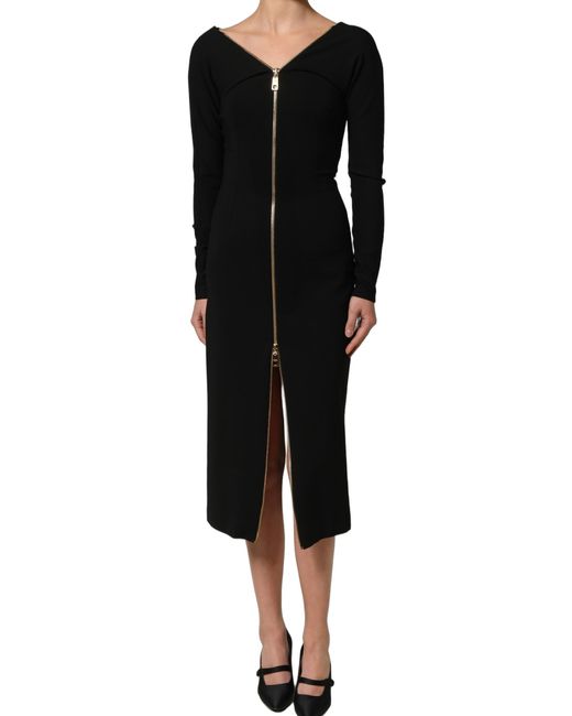 Dolce & Gabbana Black Long Sleeves Front Zipper Midi Dress