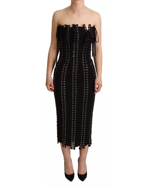 Dolce & Gabbana Black Cady Sleeveless Lace Up Bodycon Dress