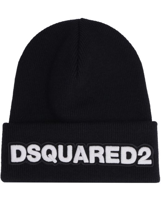 DSquared² Black Ribbed Wool Beanie Hat for men