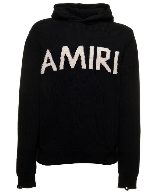 Amiri Black Hooded Sweater In Knitted Cotton And Cashmere Blend With