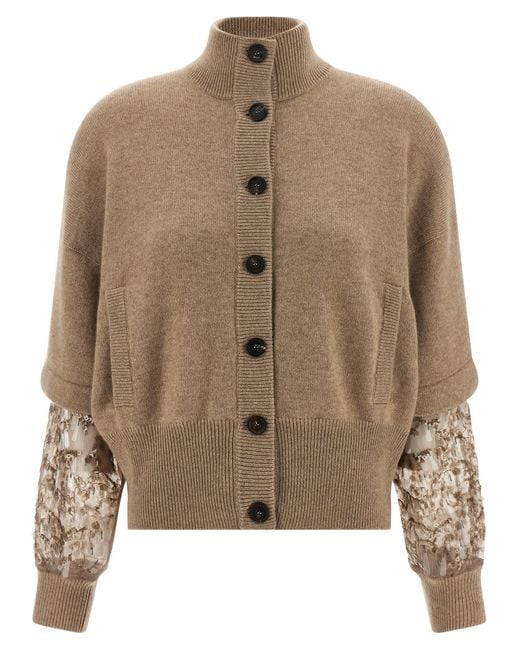 Brunello Cucinelli Brown Sequin Sleeve Cardigan