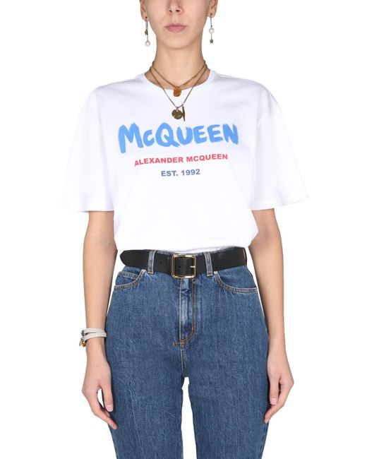 Alexander McQueen Blue T-shirt With Graffiti Logo Print