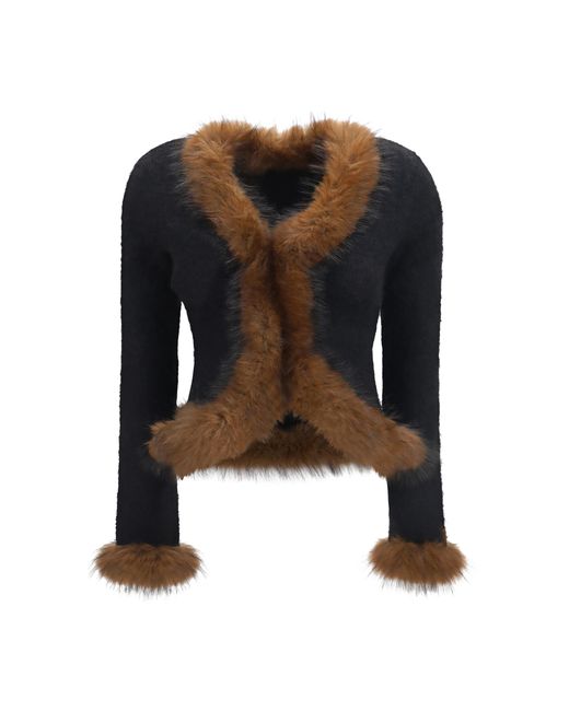Self-Portrait Black Knit And Faux Fur Cardigan