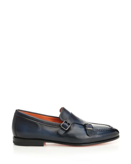 Santoni Blue Dong Double Monk Leather Blu for men