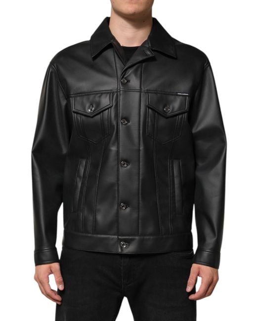 Dolce & Gabbana Black Polyester Button Down Biker Jacket Paper Elastane Clothing for men