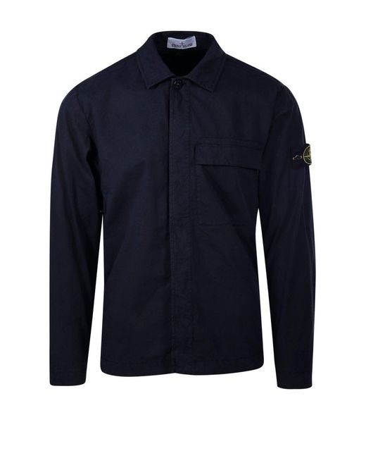 Stone Island Blue Logo Patch Collared Shirt Jacket for men