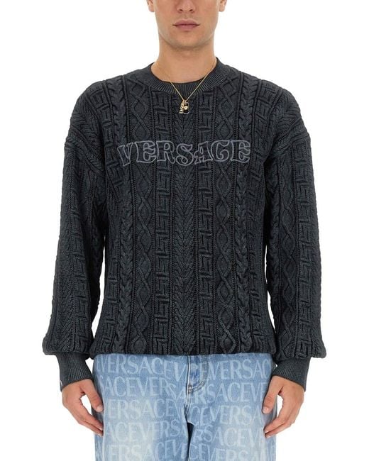 Versace Black Knit With Greek Braid Work for men