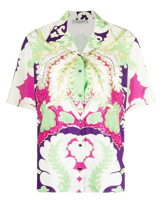 Valentino Pink Embellished Floral-Print Shirt