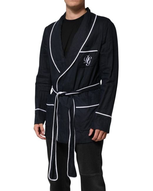Dolce & Gabbana Blue Dark Dg Embroidery Jacket Robe Blazer Linen Clothing for men