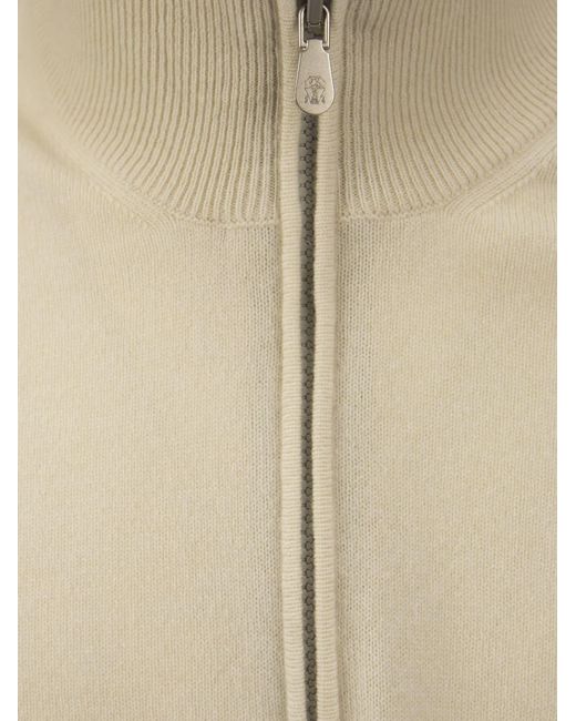 Brunello Cucinelli Natural Cashmere Turtleneck Sweater With Zip for men
