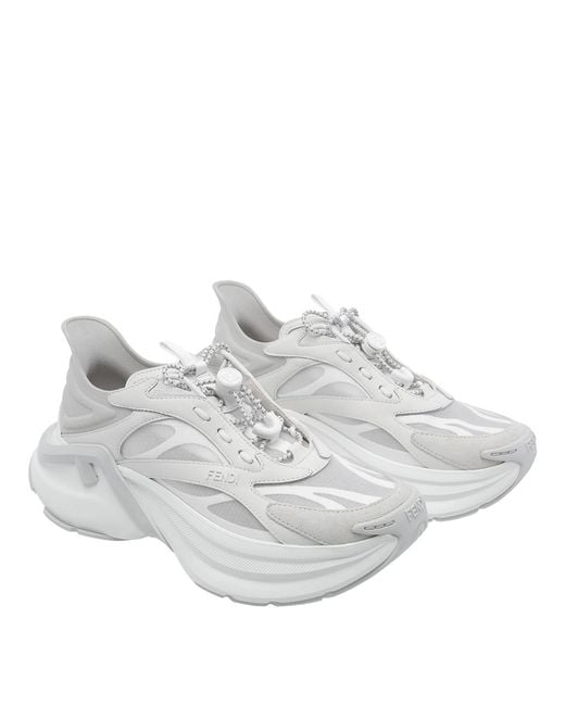 Fendi White Sneakers Leather Fabric Rubber Sole