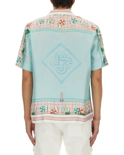 Casablanca Blue Vibrant Silk Short-Sleeved Shirt With Geometric Patterns for men