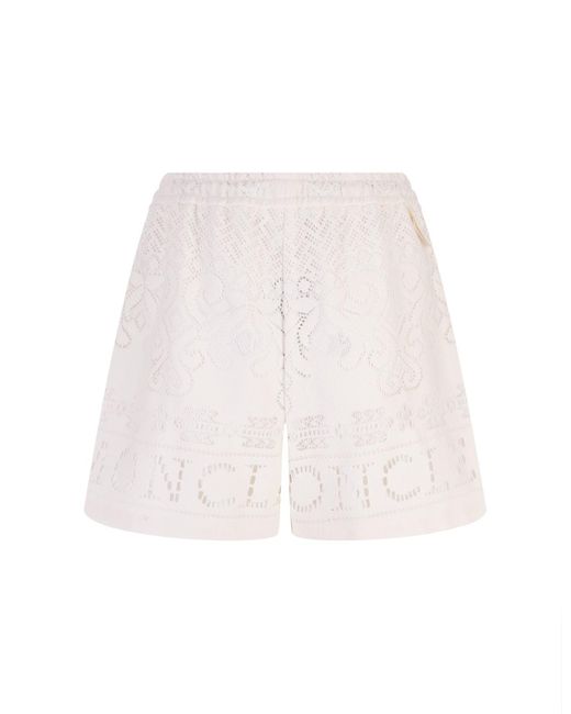 Moncler White Cream Shorts With Cut-out Embroidery