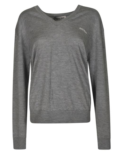 Miu Miu Gray Logo-embroidered V-neck Jumper