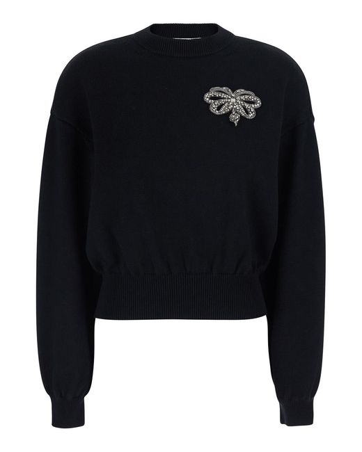 Givenchy Black Crew Neck Sweater With Front Embroidery Wool Cotton Tops