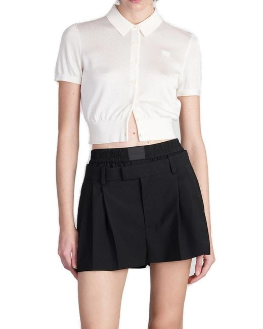 T By Alexander Wang White Logo Embroidered Fine-Knit Polo Cardigan