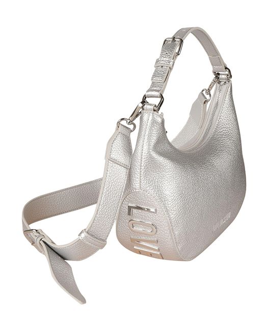 Moschino White Metallic Logo Stamp Top Zip Shoulder Bag