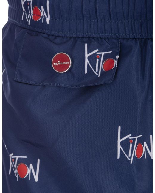 Kiton Blue Navy Swim Shorts With All-over Logo for men