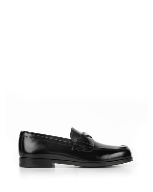 Prada Black Brushed Leather Loafers With Logo for men