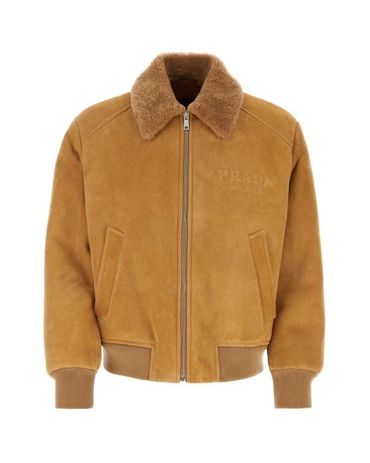 Prada Brown Shearling-Trimmed Suede Bomber Jacket for men