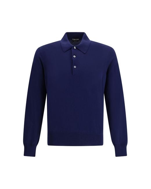 Tom Ford Blue Long-Sleeved Polo Cotton Shirts for men