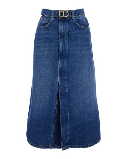 Twin Set Blue Denim Midi Skirt With Blet