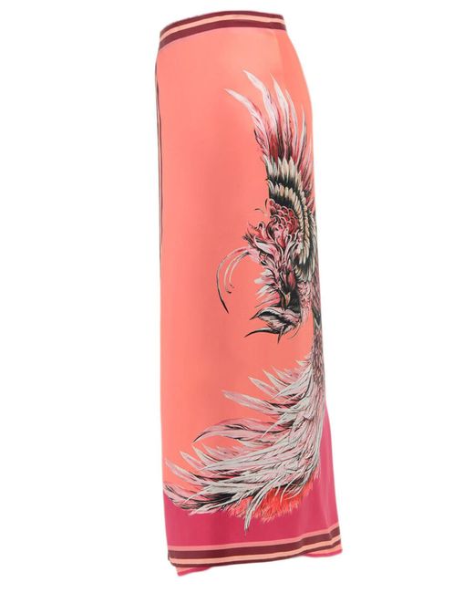 Roberto Cavalli Pink Plumage Print Silk Skirt