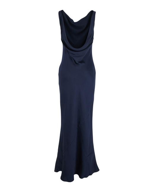 Le Plain Blue Long Dress With Front And Back Neckline