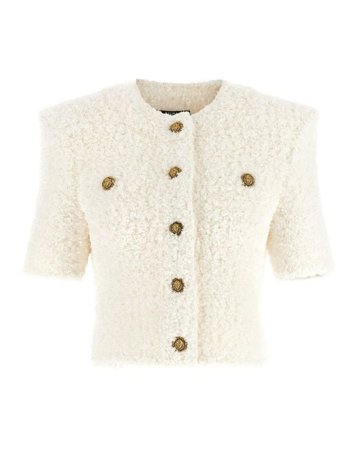 Balmain White Cardigan Tweed Plumetis