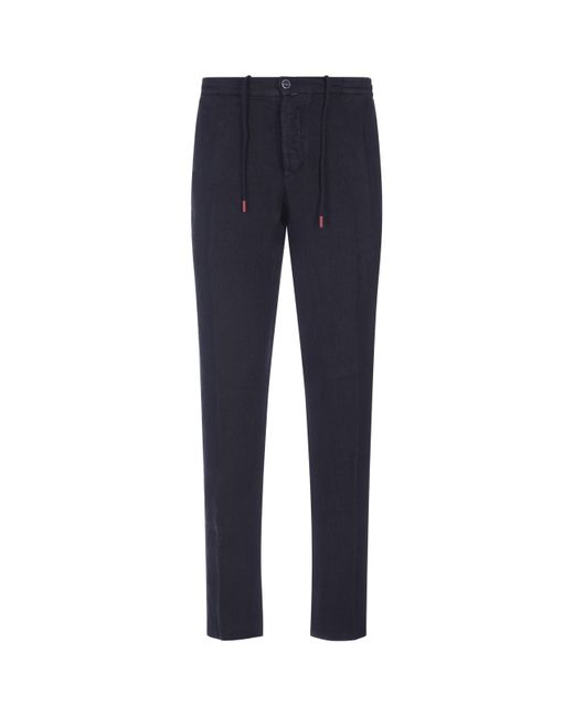 Kiton Blue Night Linen Trousers With Elasticised Waistband for men