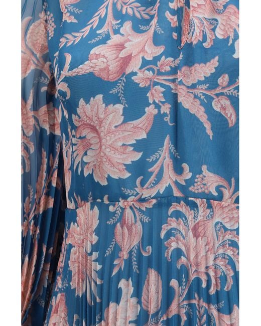 Etro Blue Maxi Pleated Dress With Flared Sleeves Polyester