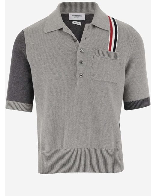Thom Browne Gray Cotton Polo Shirt With Tricolor Detail for men