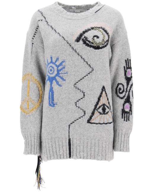 Stella McCartney Gray Folk Artwork Alpaca Sweater