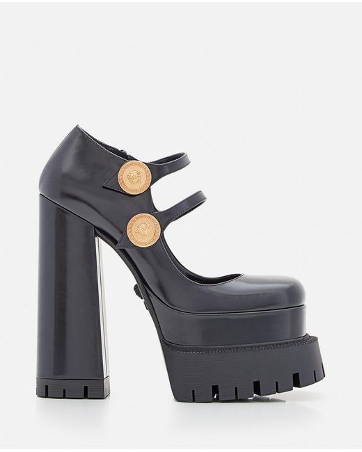 Versace Gray Mary Jane Leather Platform Heels