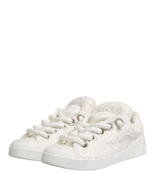 Dolce & Gabbana White Faux Shearling Low Top Sneakers Shoes for men